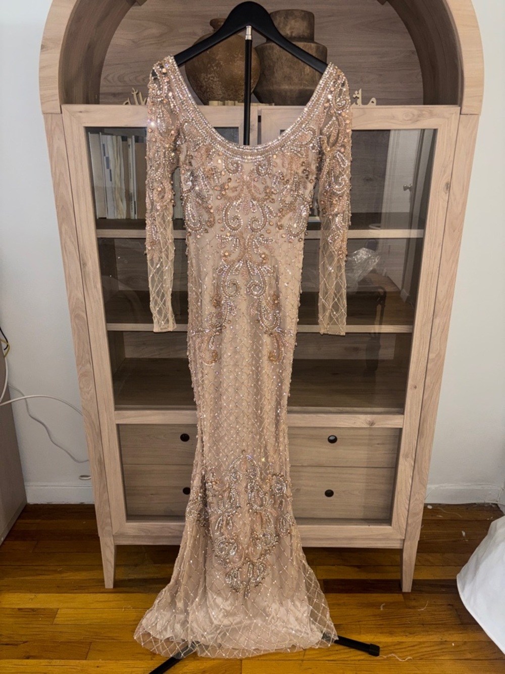 Beaded Champagne Long Sleeve Evening Gown